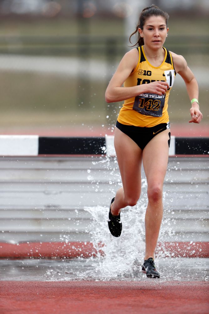 Iowa's Marta Bote Gonzalez runs the 3000 meter steeplechase during the 2018 MUSCO Twilight Invitational  Thursday, April 12, 2018 at the Cre