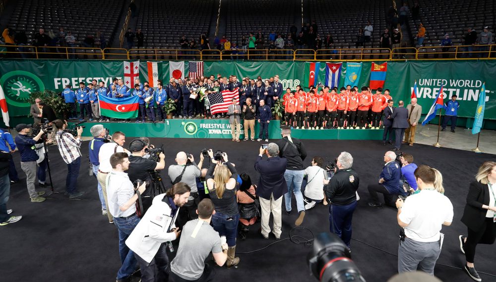 The awards ceremony of the United World Wrestling Freestyle World Cup Sunday, April 8, 2018 at Carver-Hawkeye Arena. (Brian Ray/hawkeyesports.com)