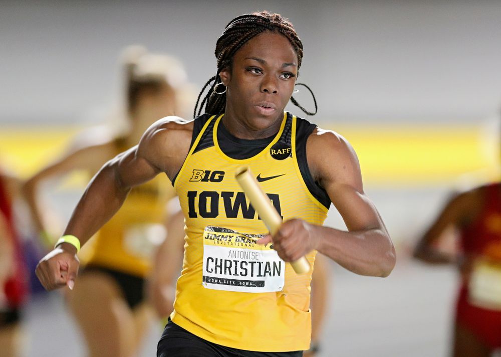 Iowa’s Antonise Christian runs the women’s 1600 meter relay event during the Jimmy Grant Invitational at the Recreation Building in Iowa City on Saturday, December 14, 2019. (Stephen Mally/hawkeyesports.com)