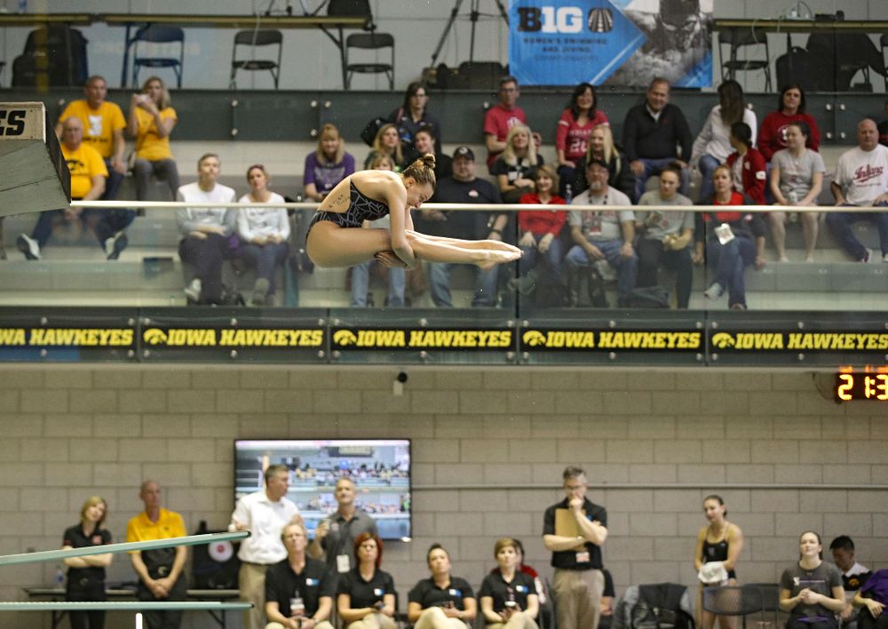 Iowa’s Samantha Tamborski competes in the women’s 1 meter diving consolation finals event during the 2020 Women’s Big Ten Swimming and Diving Championships at the Campus Recreation and Wellness Center in Iowa City on Thursday, February 20, 2020. (Stephen Mally/hawkeyesports.com)