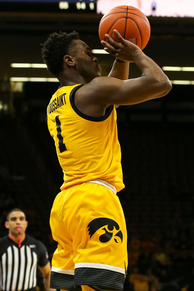 Iowa Hawkeyes guard Joe Toussaint (1) attempts a shot during the Iowa men’s basketball game vs Rutgers on Wednesday, January 22, 2020 at Carver-Hawkeye Arena. (Lily Smith/hawkeyesports.com)