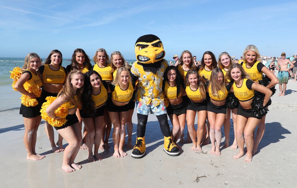 Herky The Hawk and the Iowa Dance Team during the Outback Bowl Beach Day Sunday, December 30, 2018 at Clearwater Beach. (Brian Ray/hawkeyesports.com)