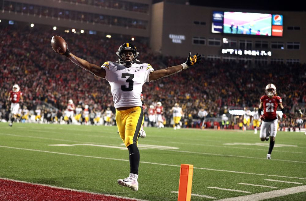 Iowa Hawkeyes wide receiver Tyrone Tracy Jr. (3) scores against the Wisconsin Badgers Saturday, November 9, 2019 at Camp Randall Stadium in Madison, Wisc. (Brian Ray/hawkeyesports.com)