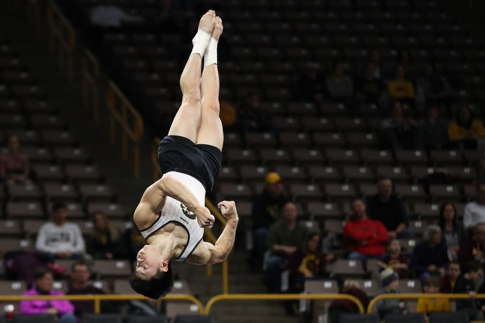 Iowa's Bennet Huang competes on the pommel horse against UIC and Minnesota Saturday, February 2, 2019 at Carver-Hawkeye Arena. (Brian Ray/hawkeyesports.com)