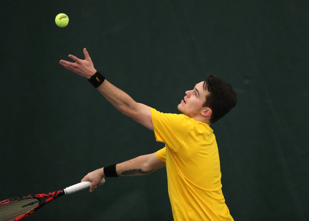 Jonas Larsen against the Butler Bulldogs Sunday, January 27, 2019 at the Hawkeye Tennis and Recreation Complex. (Brian Ray/hawkeyesports.com)