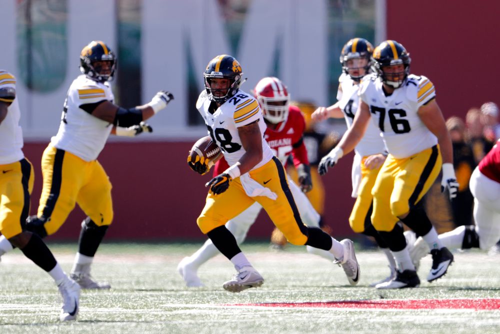 Iowa Hawkeyes running back Toren Young (28) against the Indiana Hoosiers Saturday, October 13, 2018 at Memorial Stadium, in Bloomington, Ind. (Brian Ray/hawkeyesports.com)