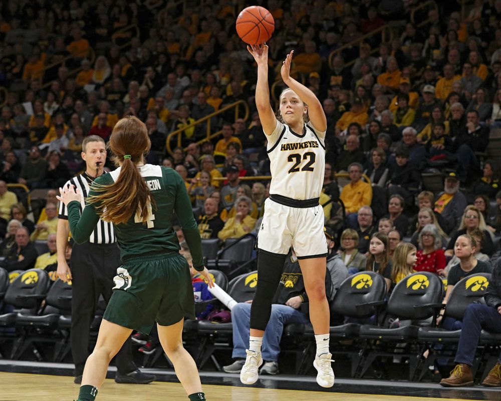 Iowa Hawkeyes guard Kathleen Doyle (22) puts up a shot during the first quarter of their game at Carver-Hawkeye Arena in Iowa City on Sunday, January 26, 2020. (Stephen Mally/hawkeyesports.com)
