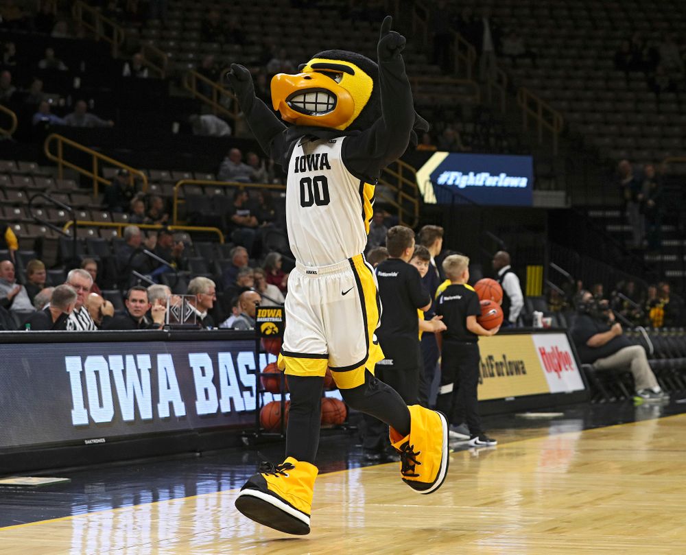 Herky runs onto the court before their exhibition game against Lindsey Wilson College at Carver-Hawkeye Arena in Iowa City on Monday, Nov 4, 2019. (Stephen Mally/hawkeyesports.com)