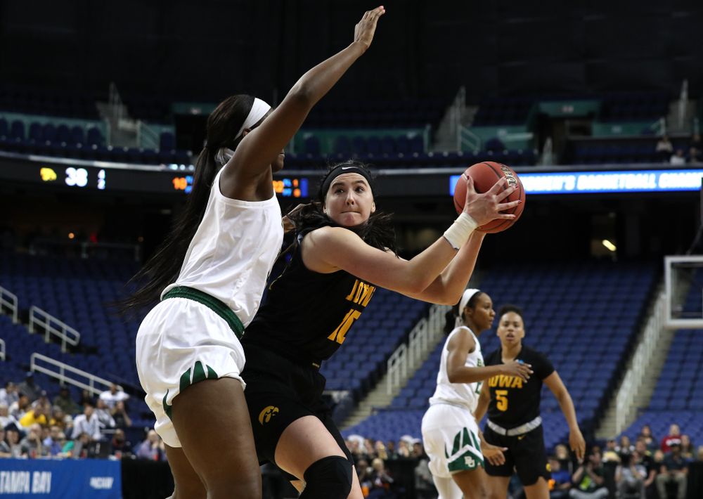 Iowa Hawkeyes forward Megan Gustafson (10) against the Baylor Lady Bears in the regional final of the 2019 NCAA Women's College Basketball Tournament Monday, April 1, 2019 at Greensboro Coliseum in Greensboro, NC.(Brian Ray/hawkeyesports.com)