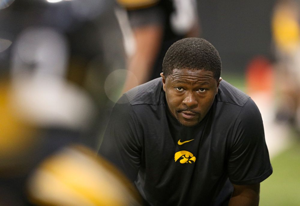 Iowa Hawkeyes running backs coach Derrick Foster looks on during Fall Camp Practice No. 9 at the Hansen Football Performance Center in Iowa City on Monday, Aug 12, 2019. (Stephen Mally/hawkeyesports.com)