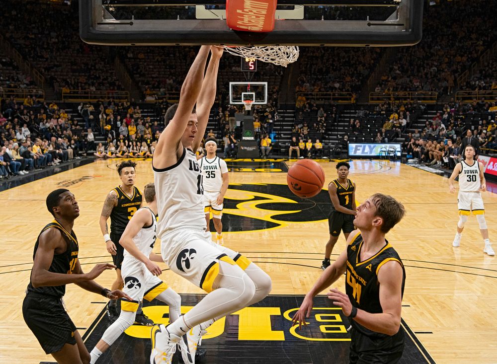 Iowa Hawkeyes forward Ryan Kriener (15) dunks the ball during the second half of their their game at Carver-Hawkeye Arena in Iowa City on Sunday, December 29, 2019. (Stephen Mally/hawkeyesports.com)