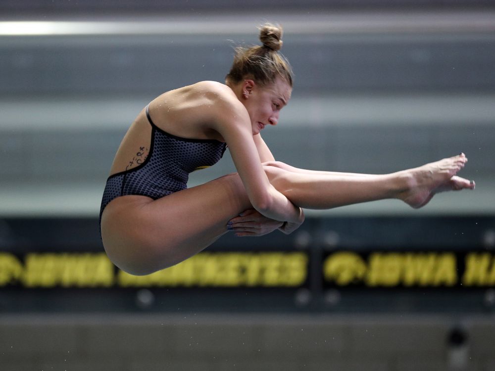 IowaÕs Samantha Tamborski competes on the 1-meter springboard against the Michigan Wolverines Friday, November 1, 2019 at the Campus Recreation and Wellness Center. (Brian Ray/hawkeyesports.com)