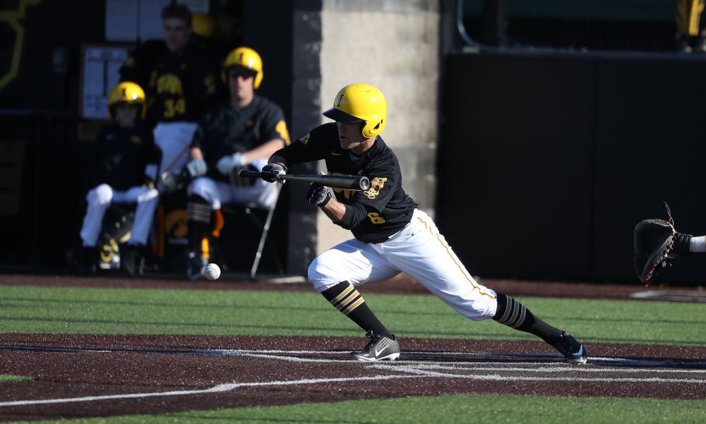 Iowa Hawkeyes outfielder Justin Jenkins (6) against the Bradley Braves Tuesday, March 26, 2019 at Duane Banks Field. (Brian Ray/hawkeyesports.com)