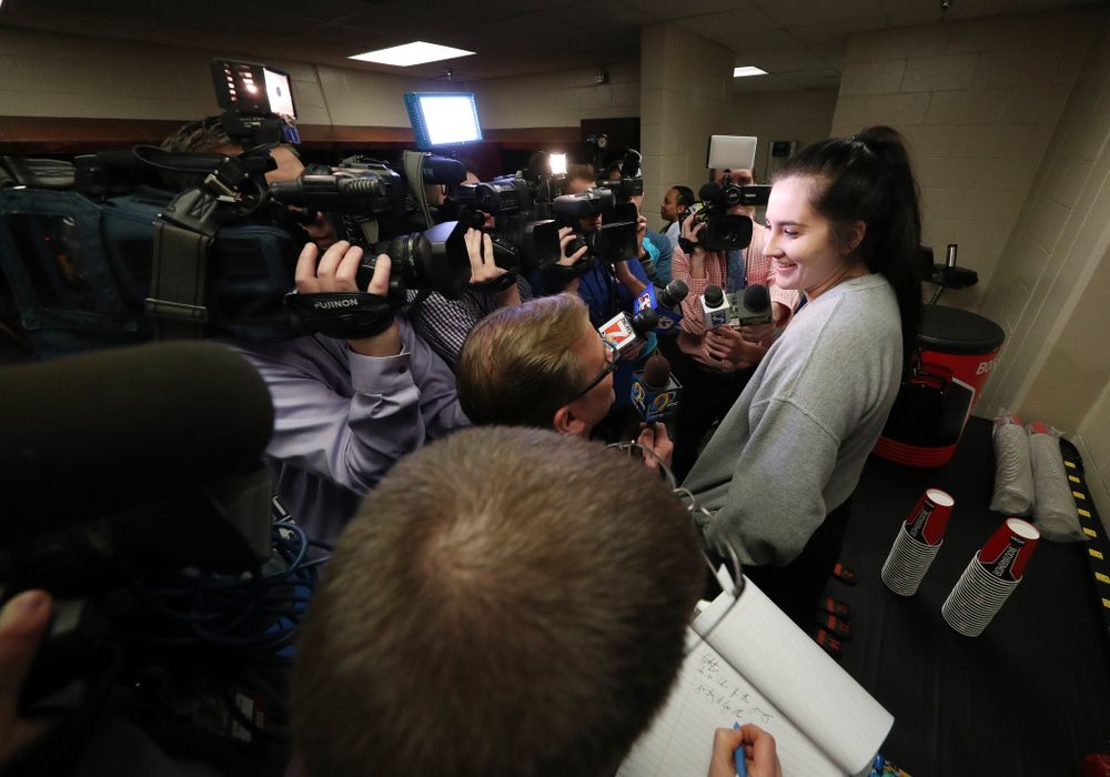 Iowa Hawkeyes forward Megan Gustafson (10) during media and practice as they prepare for their Sweet 16 matchup against NC State Friday, March 29, 2019 at the Greensboro Coliseum in Greensboro, NC.(Brian Ray/hawkeyesports.com)