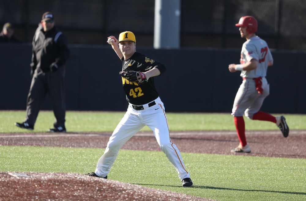 Iowa Hawkeyes Trace Hoffman (42) against the Bradley Braves Tuesday, March 26, 2019 at Duane Banks Field. (Brian Ray/hawkeyesports.com)