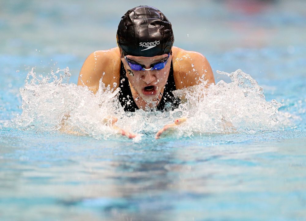 Iowa’s Zoe Mekus swims the women’s 100 yard breaststroke preliminary event during the 2020 Women’s Big Ten Swimming and Diving Championships at the Campus Recreation and Wellness Center in Iowa City on Friday, February 21, 2020. (Stephen Mally/hawkeyesports.com)