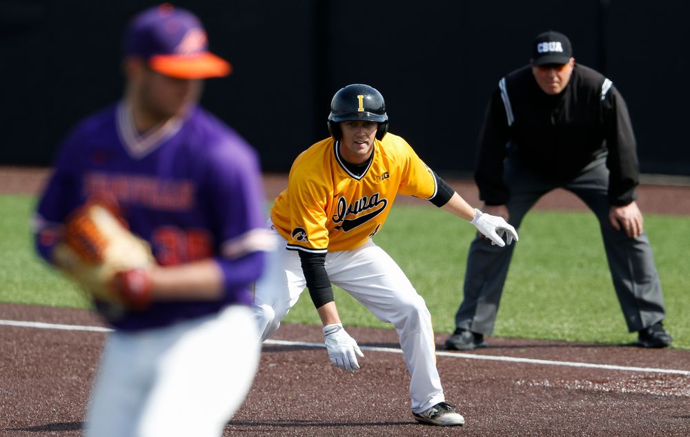 Iowa Hawkeyes outfielder Robert Neustrom (44) takes his lead from first base during a game against Evansville at Duane Banks Field on March 18, 2018. (Tork Mason/hawkeyesports.com)