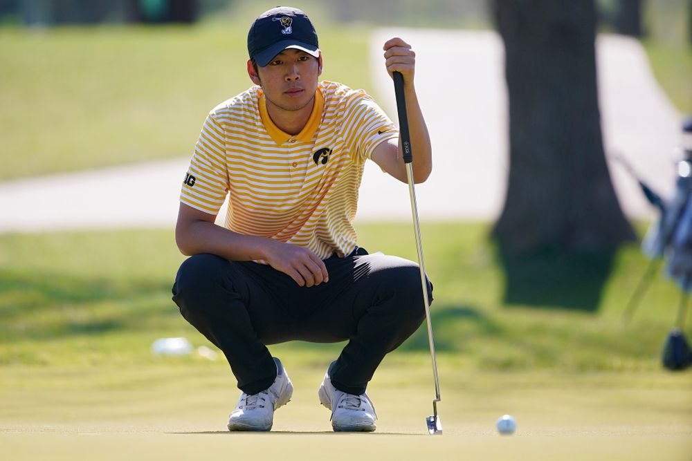 Iowa's Joe Kim lines up a putt during the third round of the Hawkeye Invitational at Finkbine Golf Course in Iowa City on Sunday, Apr. 21, 2019. (Stephen Mally/hawkeyesports.com)