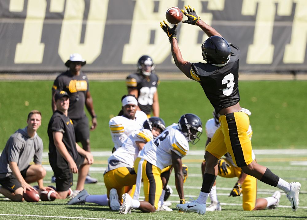 Iowa Hawkeyes wide receiver Tyrone Tracy Jr. (3) pulls in the ball during Fall Camp Practice #5 at the Hansen Football Performance Center in Iowa City on Tuesday, Aug 6, 2019. (Stephen Mally/hawkeyesports.com)