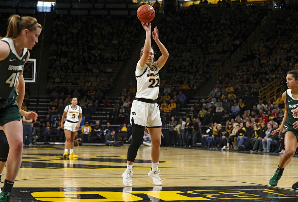Iowa Hawkeyes guard Kathleen Doyle (22) makes a free throw during the second quarter of their game at Carver-Hawkeye Arena in Iowa City on Sunday, January 26, 2020. (Stephen Mally/hawkeyesports.com)