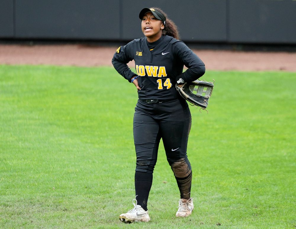 Iowa outfielder Nia Carter (14) shouts during the fifth inning of their game against Iowa Softball vs Indian Hills Community College at Pearl Field in Iowa City on Sunday, Oct 6, 2019. (Stephen Mally/hawkeyesports.com)