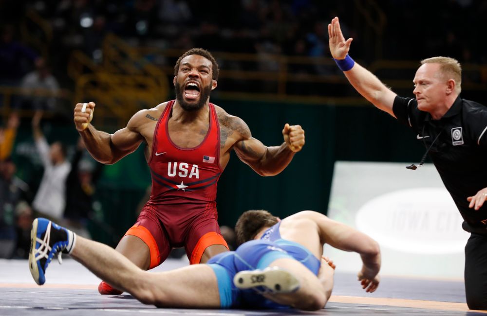Jordan Burroughs during the gold medal match of the United World Wrestling Freestyle World Cup against Azerbaijan Sunday, April 8, 2018 at Carver-Hawkeye Arena. (Brian Ray/hawkeyesports.com)