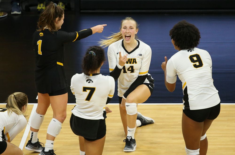 Iowa Hawkeyes outside hitter Cali Hoye (14) reacts after a kill during a game against Purdue at Carver-Hawkeye Arena on October 13, 2018. (Tork Mason/hawkeyesports.com)