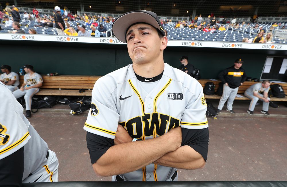 Iowa Hawkeyes Jason Foster (27) against the Indiana Hoosiers in the first round of the Big Ten Baseball Tournament Wednesday, May 22, 2019 at TD Ameritrade Park in Omaha, Neb. (Brian Ray/hawkeyesports.com)