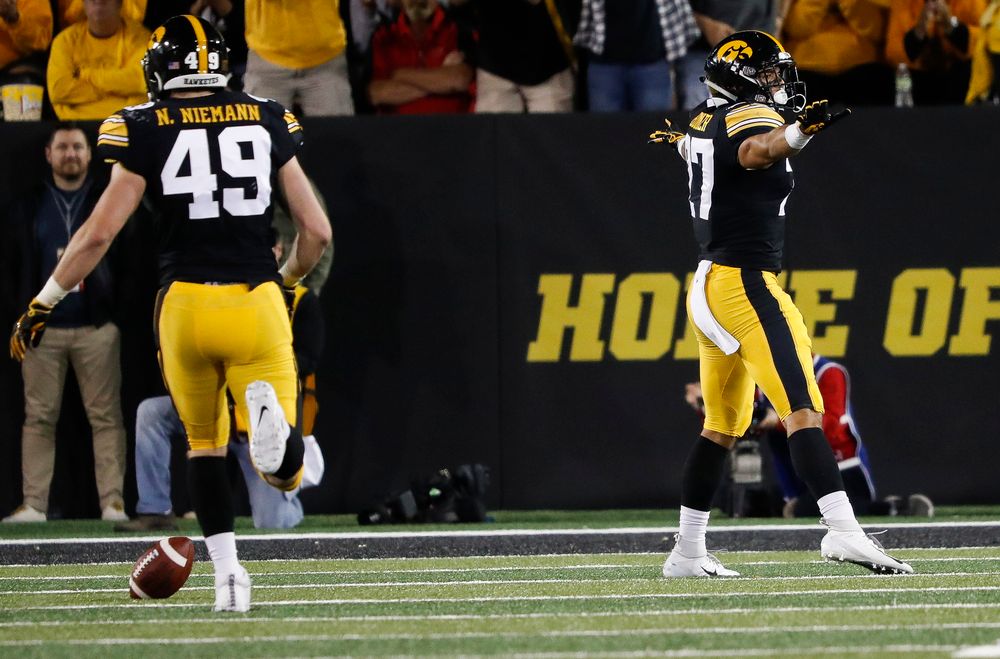 Iowa Hawkeyes defensive back Amani Hooker (27) reacts after breaking up a pass during a game against Wisconsin at Kinnick Stadium on September 22, 2018. (Tork Mason/hawkeyesports.com)
