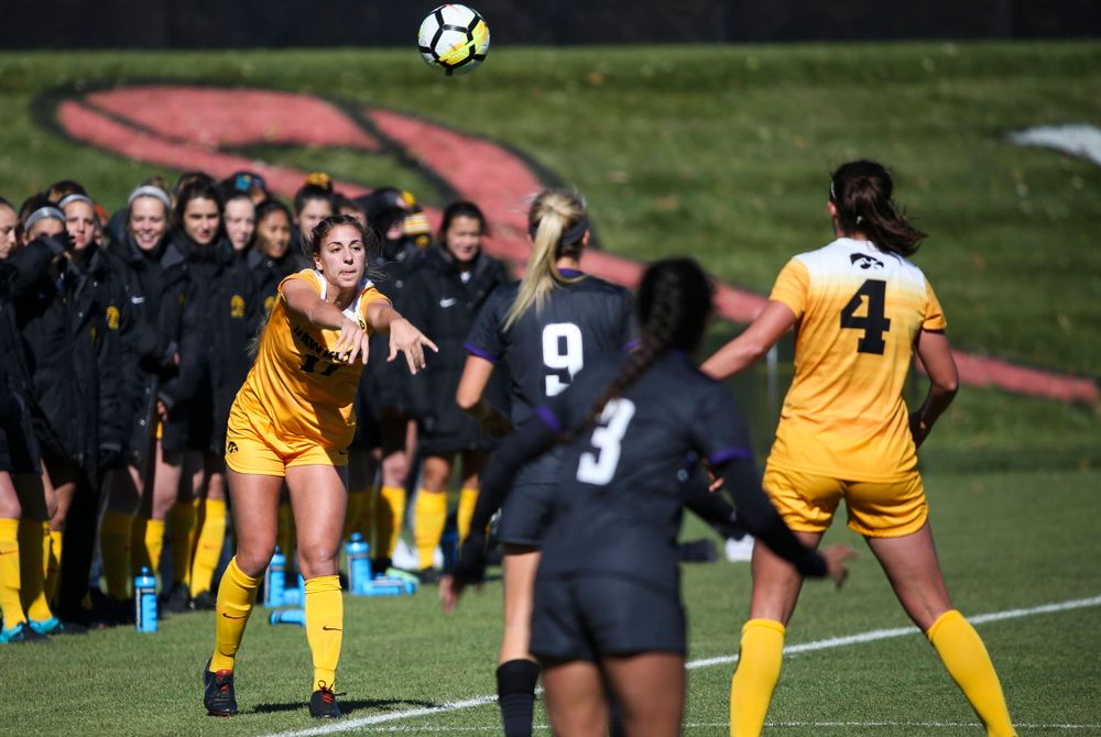 Iowa Hawkeyes defender Hannah Drkulec (17) throws the ball in during a game against Northwestern at the Iowa Soccer Complex on October 21, 2018. (Tork Mason/hawkeyesports.com)