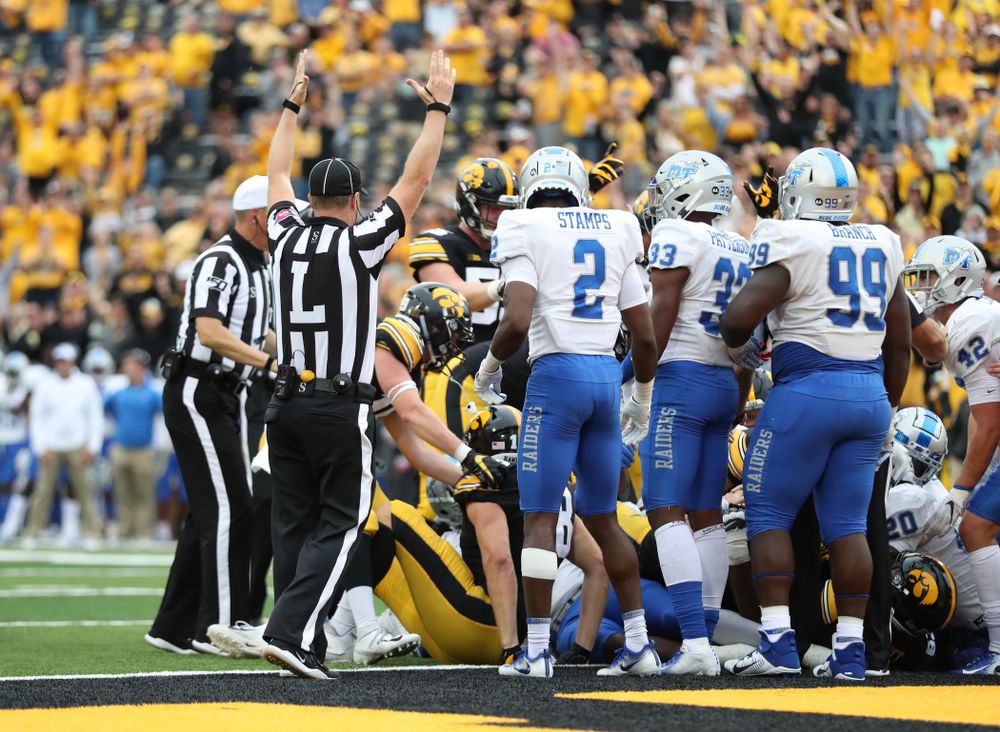 The Iowa Hawkeyes score against Middle Tennessee State Saturday, September 28, 2019 at Kinnick Stadium. (Max Allen/hawkeyesports.com)