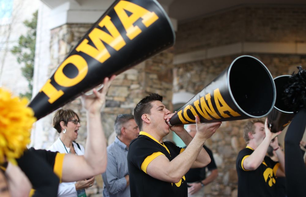 The Iowa Cheerleaders during a send off at the hotel before their game against the NC State Wolfpack in the regional semi-final of the 2019 NCAA Women's College Basketball Tournament Saturday, March 30, 2019 at Greensboro Coliseum in Greensboro, NC.(Brian Ray/hawkeyesports.com)