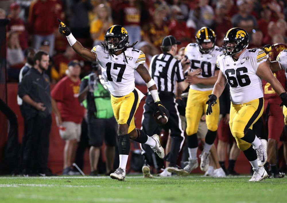 Iowa Hawkeyes defensive back Devonte Young (17) celebrates after recovering a fumbled punt against the Iowa State Cyclones Saturday, September 14, 2019 in Ames, Iowa. (Brian Ray/hawkeyesports.com)