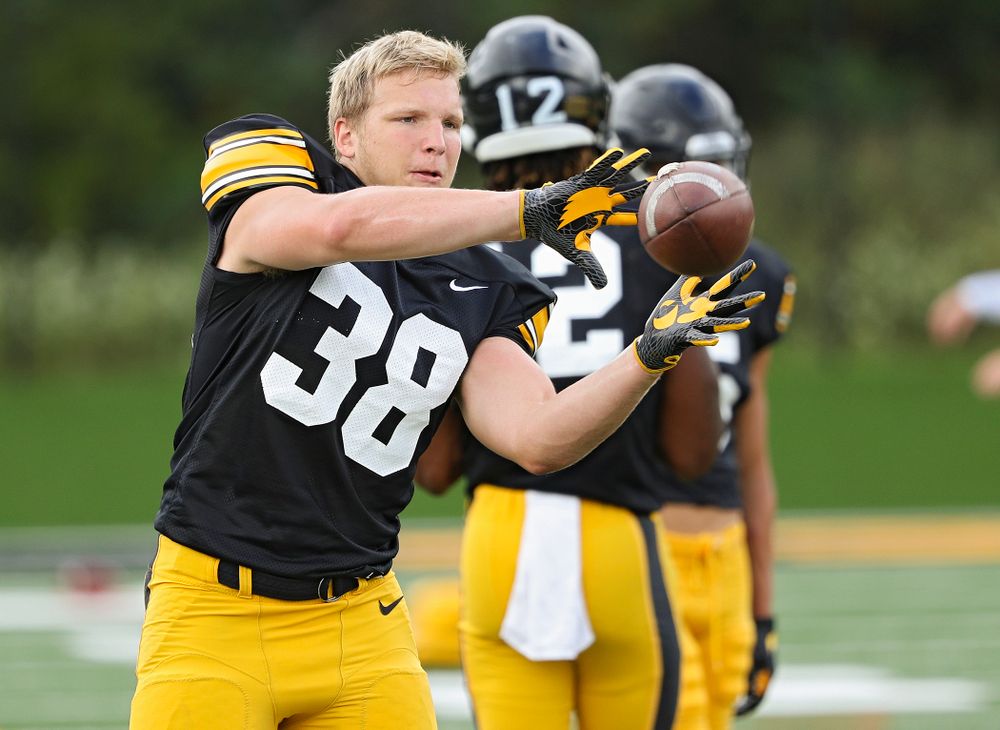 Iowa Hawkeyes’ Monte Pottebaum (38) pulls in a pass during Fall Camp Practice No. 10 at the Hansen Football Performance Center in Iowa City on Tuesday, Aug 13, 2019. (Stephen Mally/hawkeyesports.com)