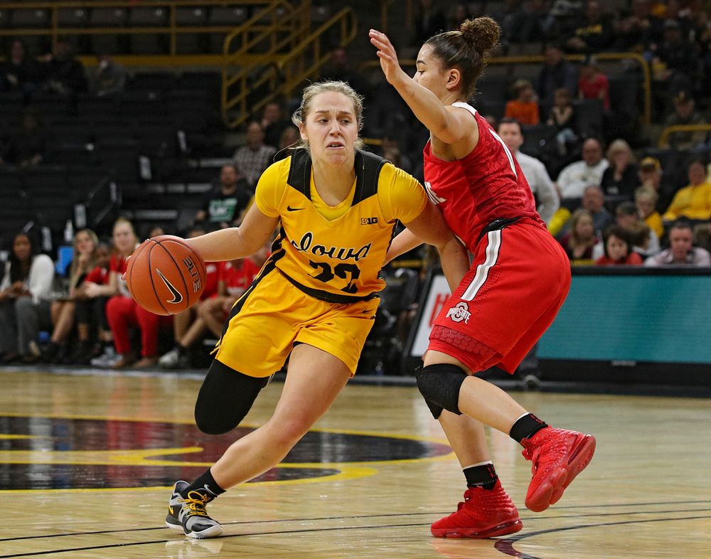 Iowa Hawkeyes guard Kathleen Doyle (22) drives with the ball during the third quarter of their game at Carver-Hawkeye Arena in Iowa City on Thursday, January 23, 2020. (Stephen Mally/hawkeyesports.com)
