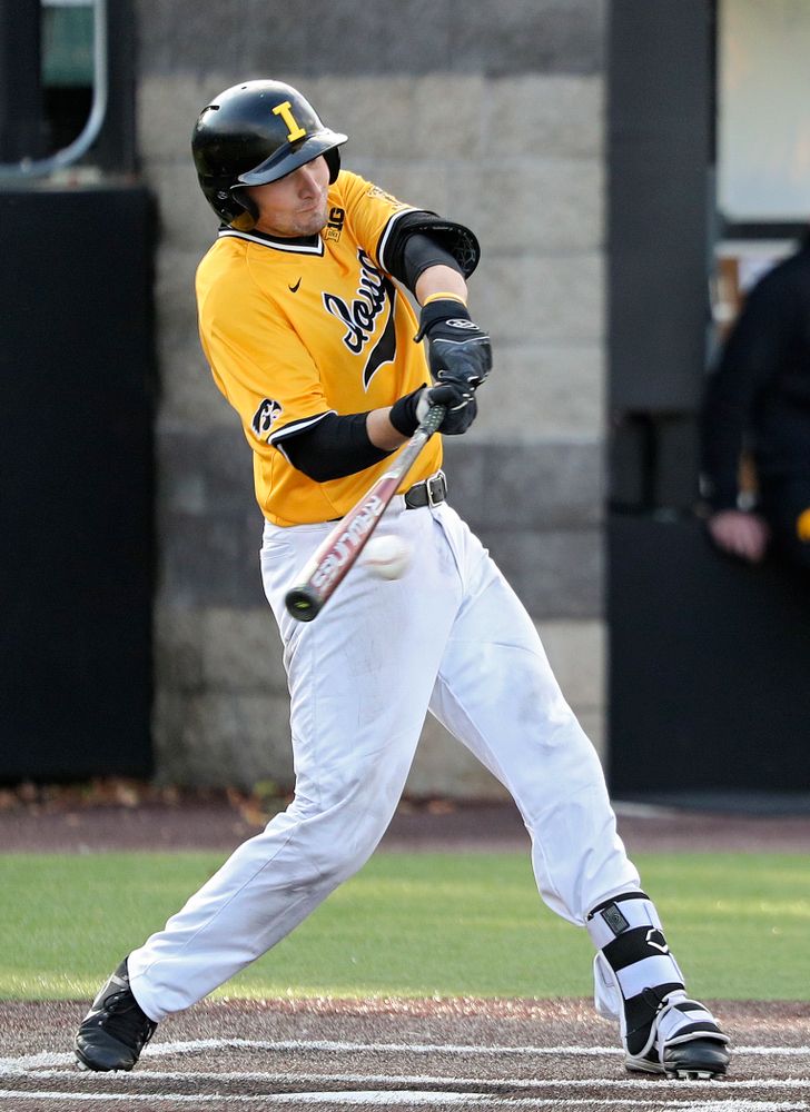 Iowa catcher Brett McCleary (32) bats during the fourth inning of the first game of the Black and Gold Fall World Series at Duane Banks Field in Iowa City on Tuesday, Oct 15, 2019. (Stephen Mally/hawkeyesports.com)