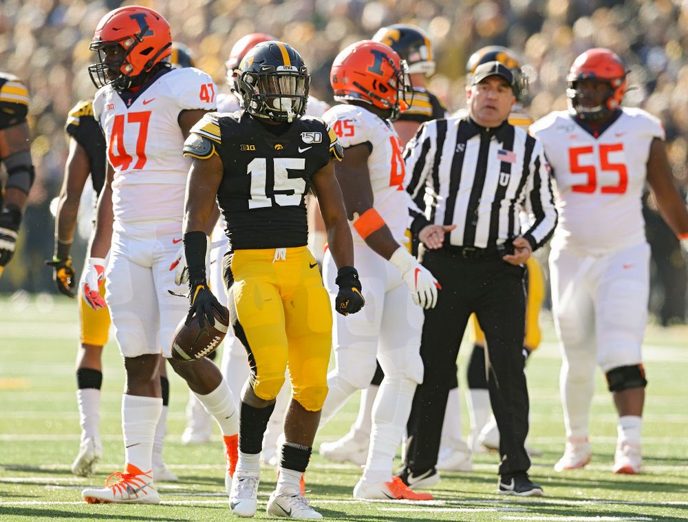Iowa Hawkeyes running back Tyler Goodson (15) is pumped up after a run during the second quarter of their game at Kinnick Stadium in Iowa City on Saturday, Nov 23, 2019. (Stephen Mally/hawkeyesports.com)