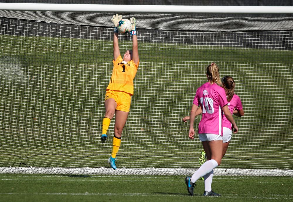 Iowa goalkeeper Claire Graves (1) grabs a save during the first half of their match at the Iowa Soccer Complex in Iowa City on Sunday, Oct 27, 2019. (Stephen Mally/hawkeyesports.com)