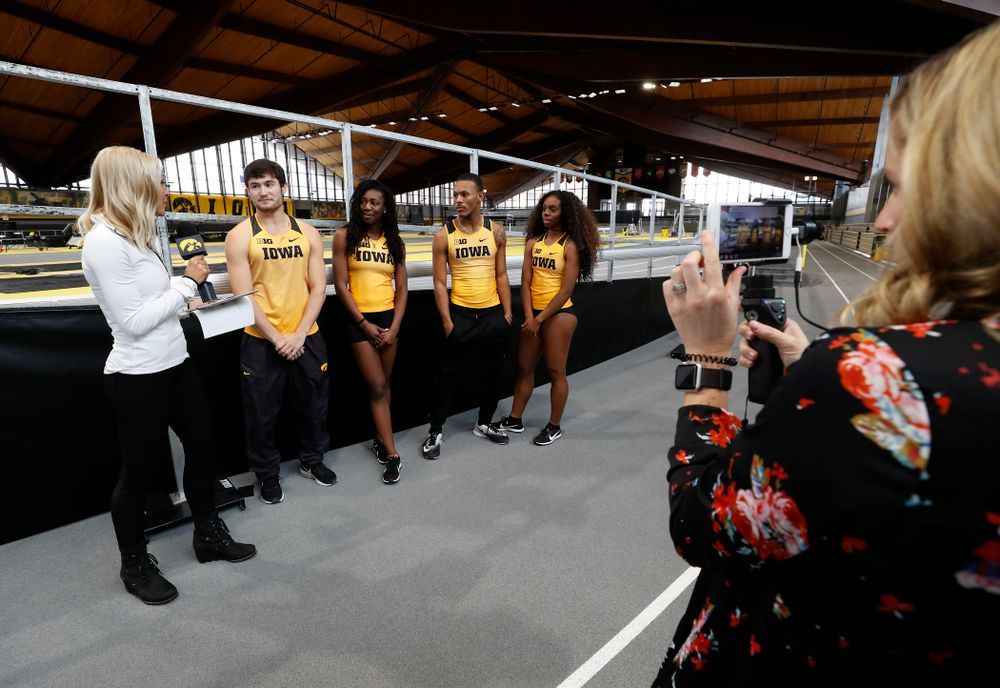 Iowa's Carter Lilly, Jahisha Thomas,  Mar'Yea Harris, and Brittany Brown during the team's media day Wednesday, January 10, 2018 at the indoor track in the Recreation Building. (Brian Ray/hawkeyesports.com)