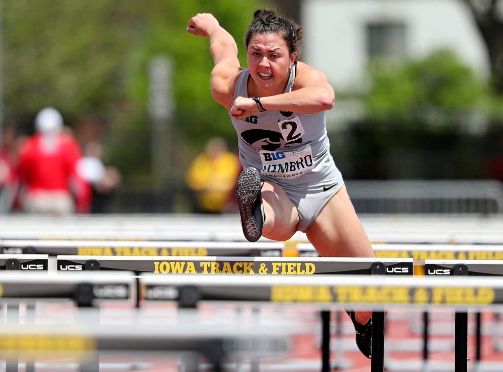Iowa's Jenny Kimbro runs the 100 meter hurdles during the women's heptathlon event on the first day of the Big Ten Outdoor Track and Field Championships at Francis X. Cretzmeyer Track in Iowa City on Friday, May. 10, 2019. (Stephen Mally/hawkeyesports.com)