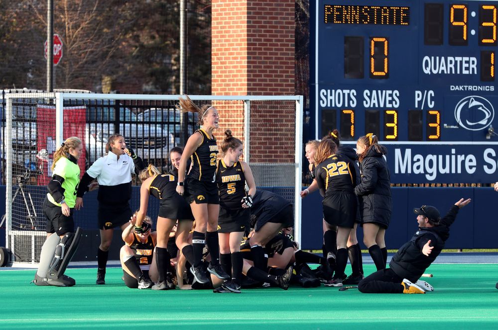 The Iowa Hawkeyes celebrate their 1-0 overtime victory over Penn State to win the 2019 Big Ten Field Hockey Tournament Sunday, November 10, 2019 at Penn State (Brian Ray/hawkeyesports.com)