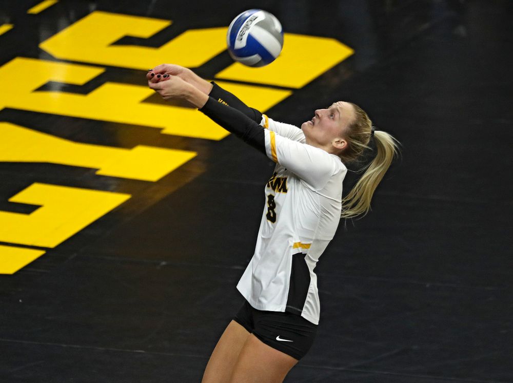 Iowa’s Kyndra Hansen (8) eyes the ball during the third set of their volleyball match at Carver-Hawkeye Arena in Iowa City on Sunday, Oct 13, 2019. (Stephen Mally/hawkeyesports.com)