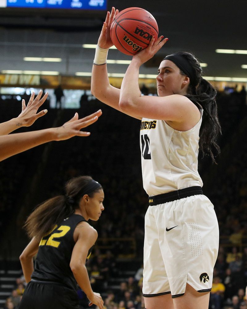Iowa Hawkeyes center Megan Gustafson (10) scores a basket during the third quarter of their second round game in the 2019 NCAA Women's Basketball Tournament at Carver Hawkeye Arena in Iowa City on Sunday, Mar. 24, 2019. (Stephen Mally for hawkeyesports.com)