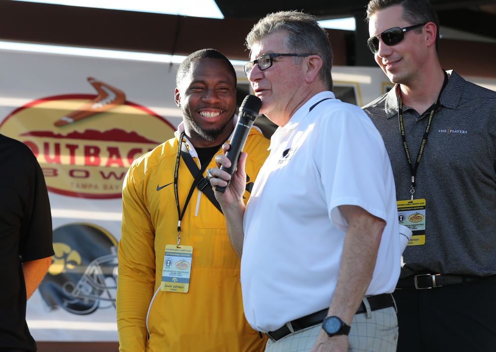 Voice of the Hawkeyes Gary Dolphin speaks with former Hawkeye Football defensive back Jovon Johnson during their Hawkeye Huddle Monday, December 31, 2018 at Sparkman Wharf in Tampa, FL. (Brian Ray/hawkeyesports.com)