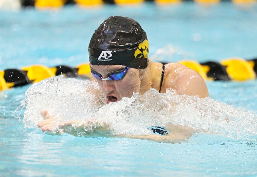 Iowa’s Sage Ohlensehlen swims the women’s 200-yard breaststroke event during their meet against Michigan State and Northern Iowa at the Campus Recreation and Wellness Center in Iowa City on Friday, Oct 4, 2019. (Stephen Mally/hawkeyesports.com)