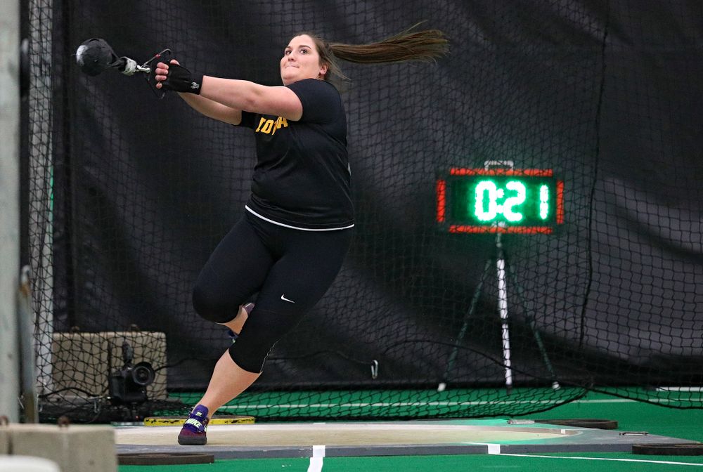 Iowa’s Jamie Kofron throws in the women’s weight throw event during the Hawkeye Invitational at the Hawkeye Tennis and Recreation Complex in Iowa City on Friday, January 10, 2020. (Stephen Mally/hawkeyesports.com)