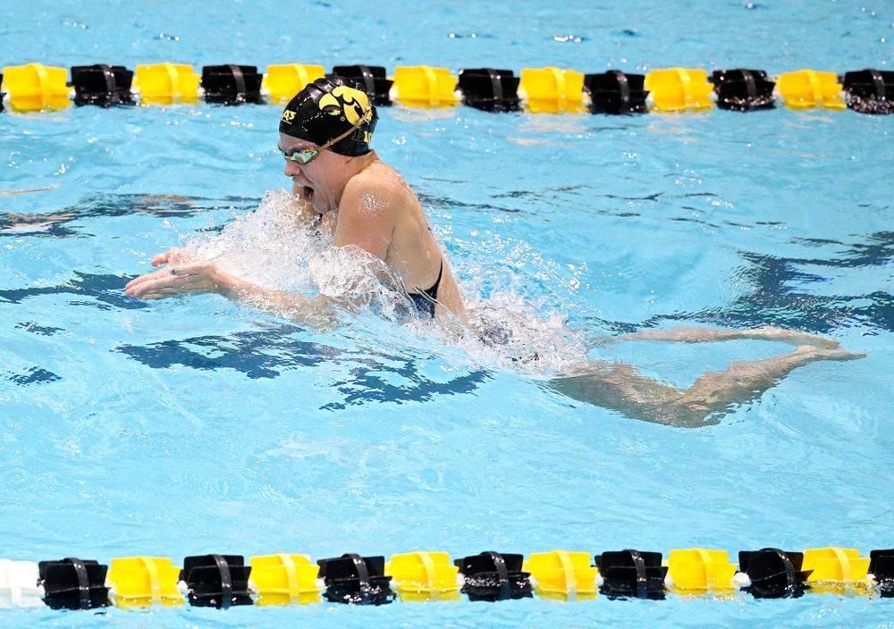 Iowa’s Kennedy Gilbertson swims the women’s 100 yard individual medley event during their meet at the Campus Recreation and Wellness Center in Iowa City on Friday, February 7, 2020. (Stephen Mally/hawkeyesports.com)