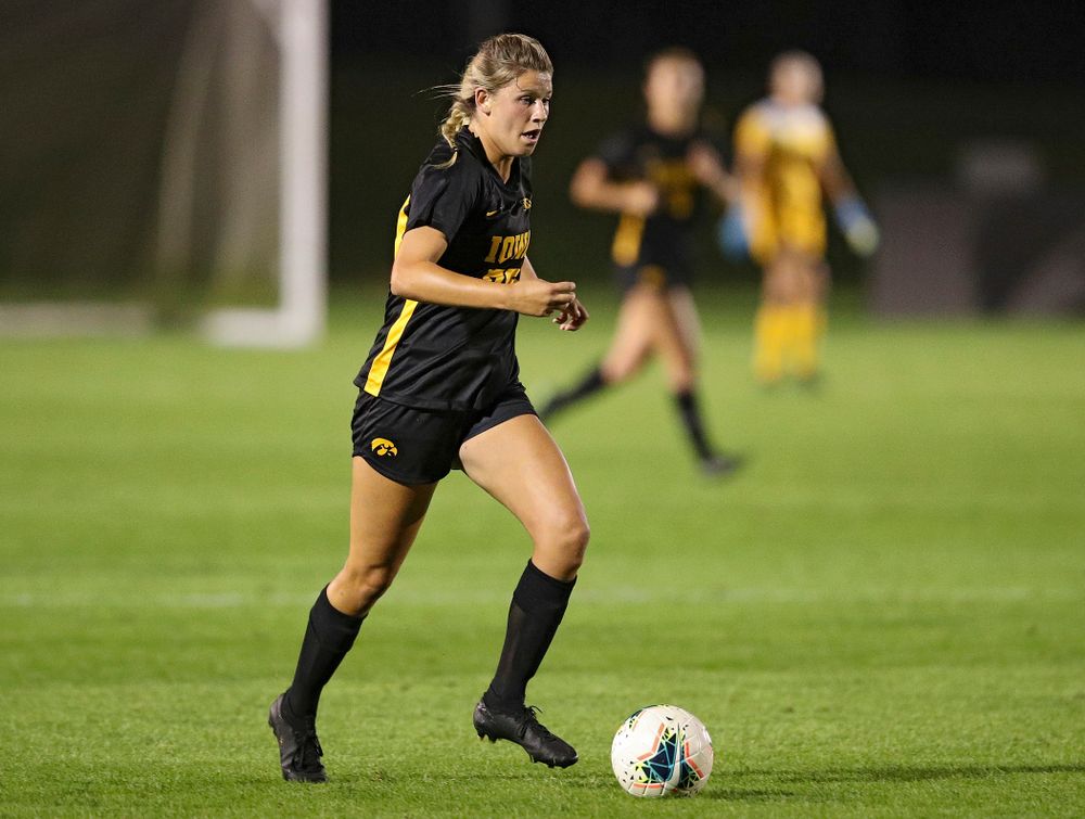 Iowa forward Gianna Gourley (32) moves with the ball during the second half of their match against Illinois at the Iowa Soccer Complex in Iowa City on Thursday, Sep 26, 2019. (Stephen Mally/hawkeyesports.com)