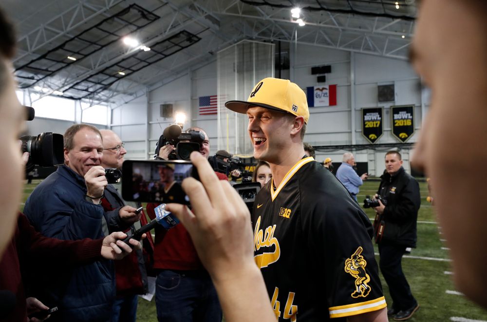Iowa Hawkeyes outfielder Robert Neustrom (44) answers questions from reporters during the team's annual media day Thursday, February 8, 2018 in the indoor practice facility. (Brian Ray/hawkeyesports.com)