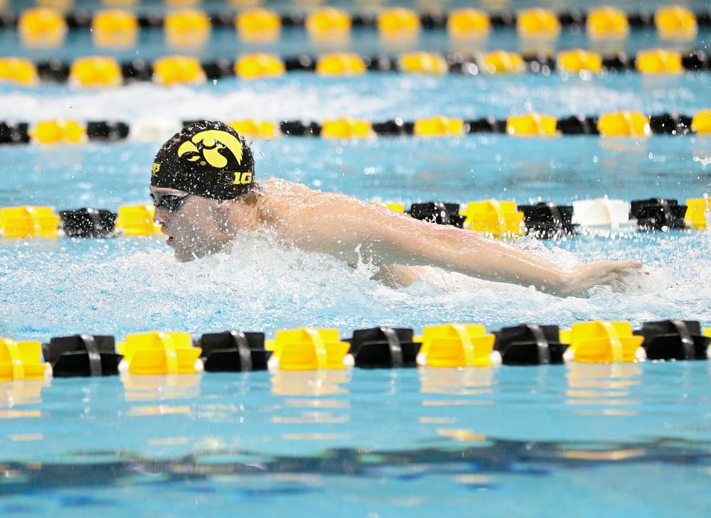 Iowa’s Caleb Babb swims the butterfly section in the men’s 400 yard medley relay event during their meet at the Campus Recreation and Wellness Center in Iowa City on Friday, February 7, 2020. (Stephen Mally/hawkeyesports.com)